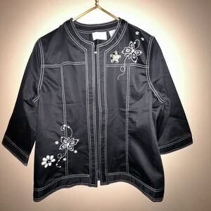 Alfred Dunner Black Cardigan Jacket 12P Stitched Studded Floral Butterfly Gems